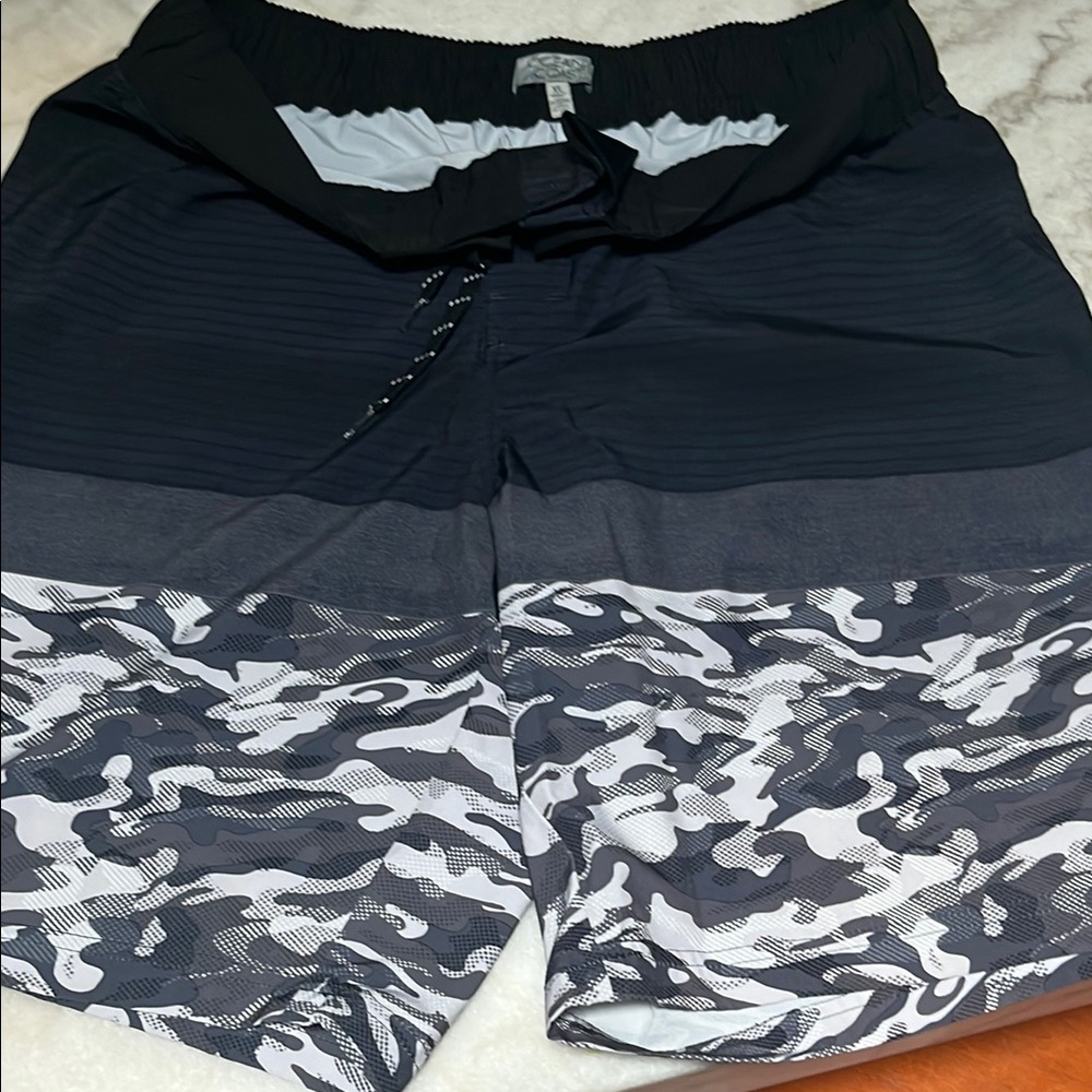 Black and Gray Board Shorts with Modern Camo Design